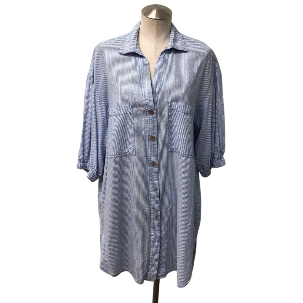 Zara Shirt Dress Womens Medium Blue White Striped Linen Cotton Coastal Pockets